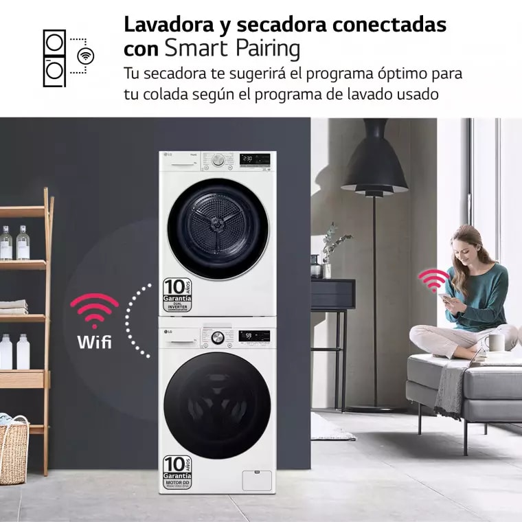 LG Outlet Torre de Lavado, Blanca, Lavadora inteligente 9kg, 1400rpm, 10% más eficiente que A + Secadora 9kg, A+++, TORRE0909PR.OUTLET